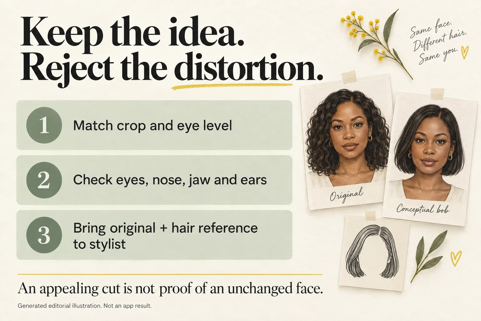 Generated editorial checklist explaining equal crop, landmark comparison and bringing the original plus a hair reference to a stylist