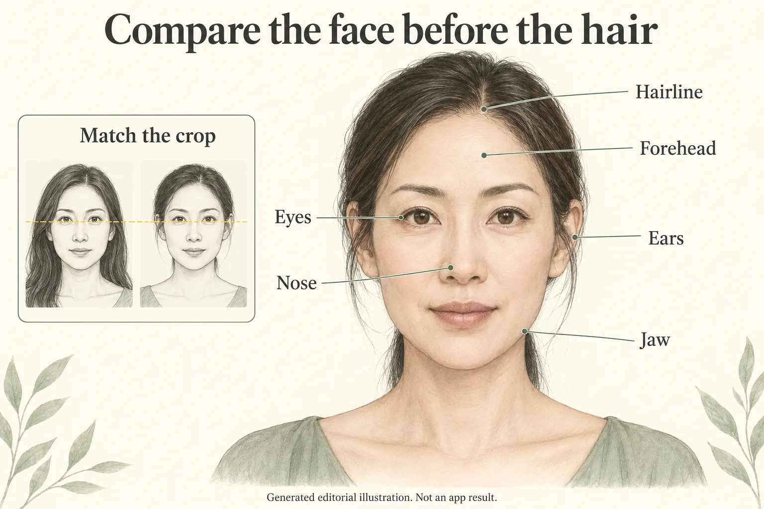 Generated editorial facial landmark diagram identifying eyes, nose, jaw, ears, forehead and hairline, with an equal-crop inset