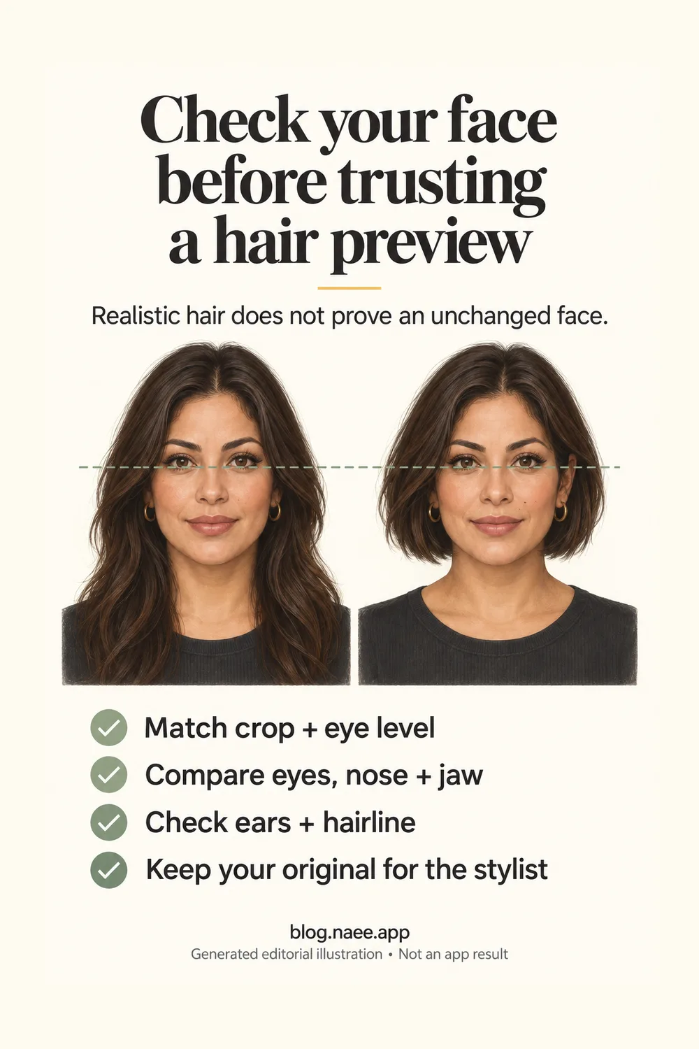 Generated Pinterest checklist reminding readers to align the crop, compare facial landmarks, inspect ears and hairline, and keep the original for a stylist