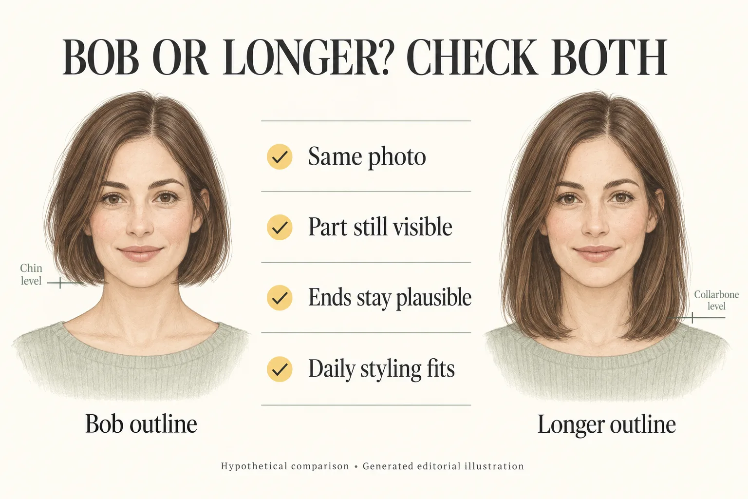 Generated hypothetical diagram comparing a bob outline with a longer outline while keeping the same photo and checking the part, ends and styling