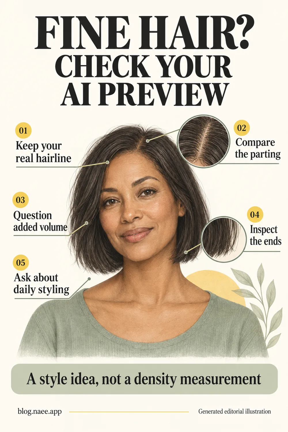 Generated Pinterest checklist for inspecting the hairline, parting, added volume, ends and styling assumptions in a fine-hair AI preview