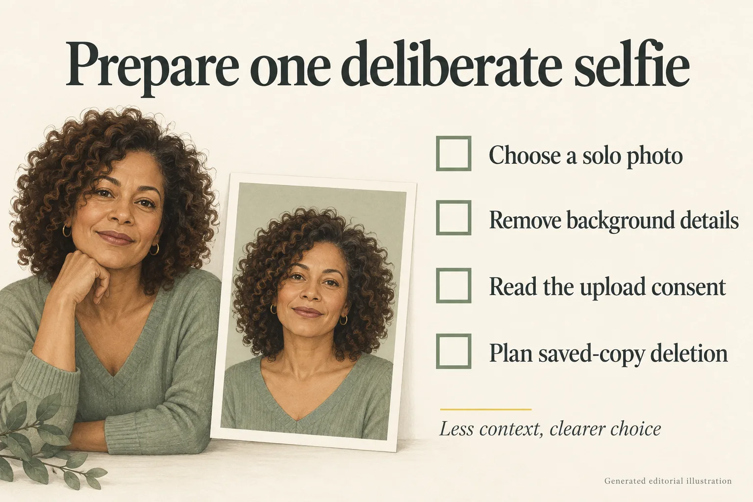 Generated editorial checklist showing a solo portrait and four preparation steps: choose a solo photo, remove background details, read consent and plan deletion