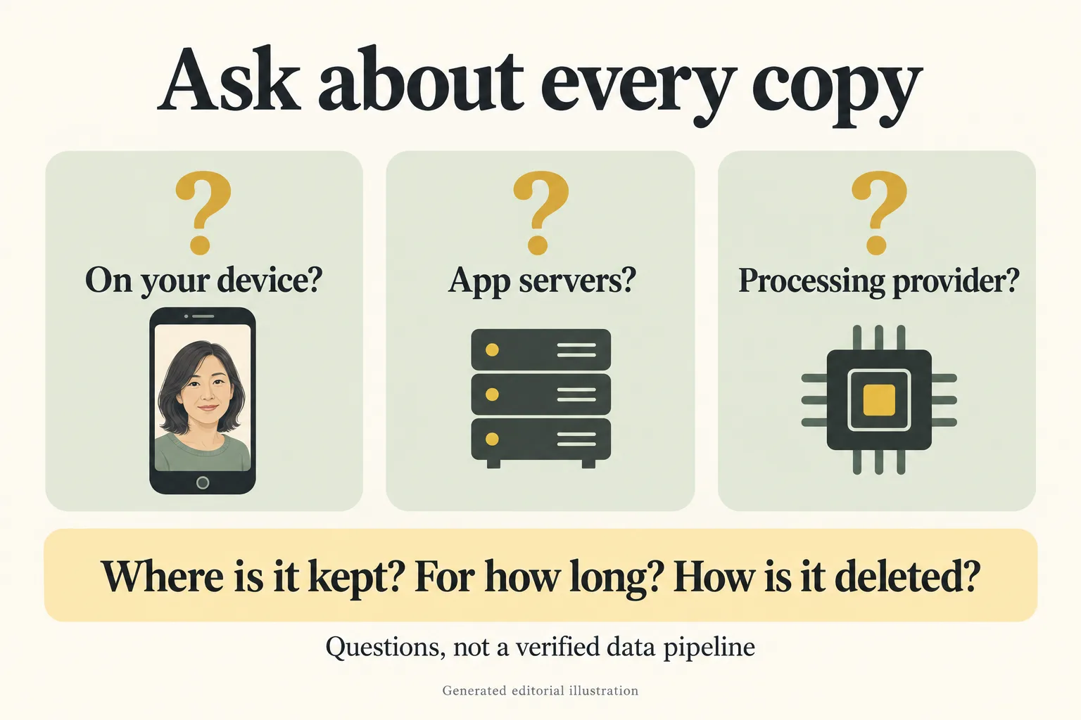 Generated editorial question map asking about device copies, app servers and processing providers, without asserting a data pipeline