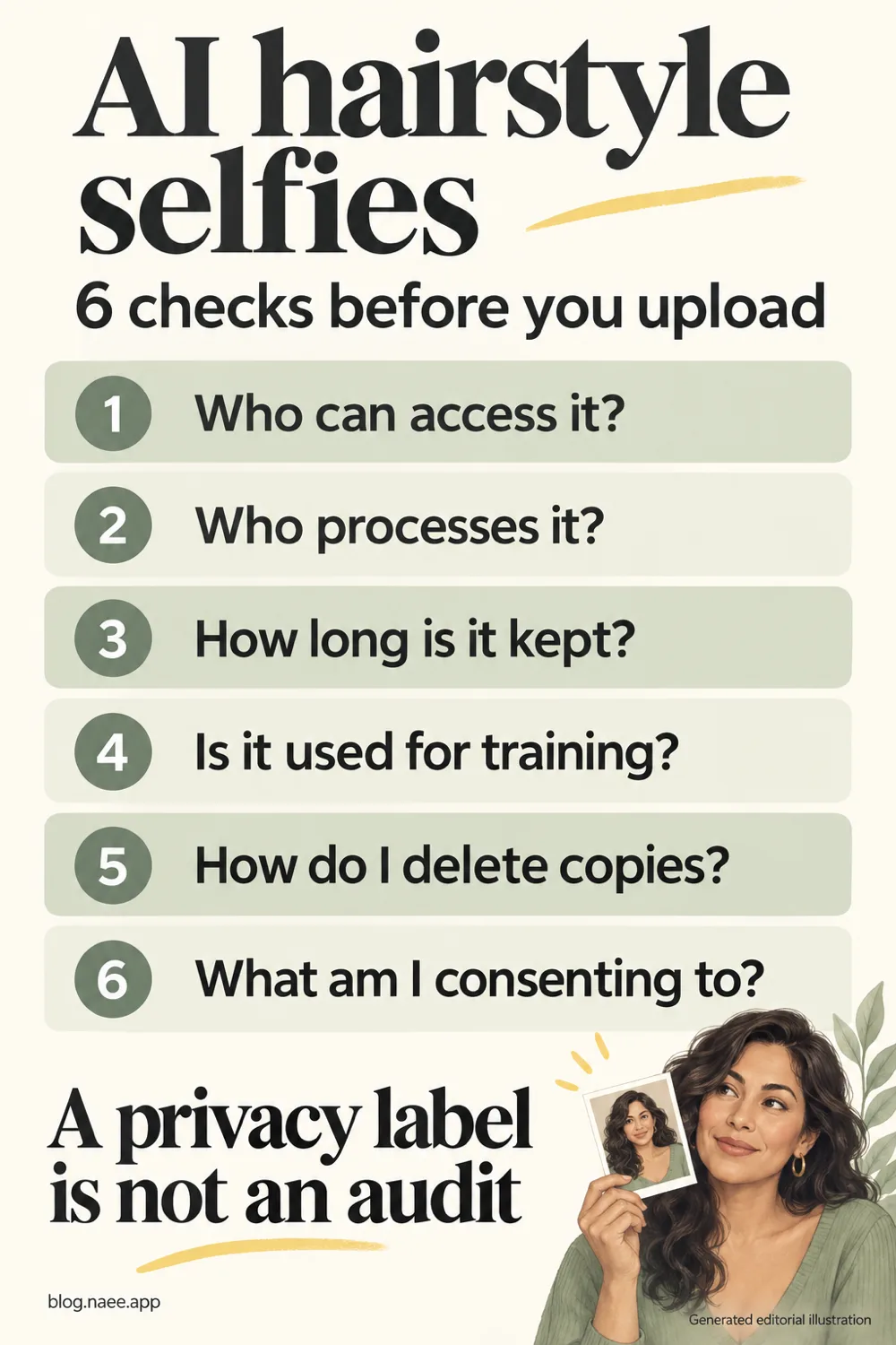 Generated Pinterest checklist with six questions to ask before uploading an AI hairstyle selfie and the reminder that a privacy label is not an audit