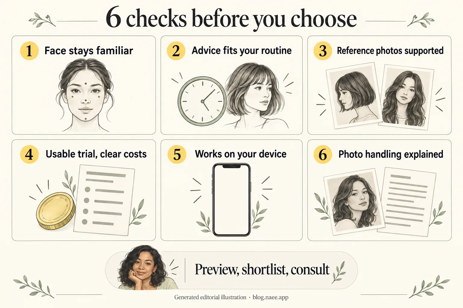 Generated editorial checklist showing face identity, useful advice, reference support, clear trial costs, device fit and photo handling
