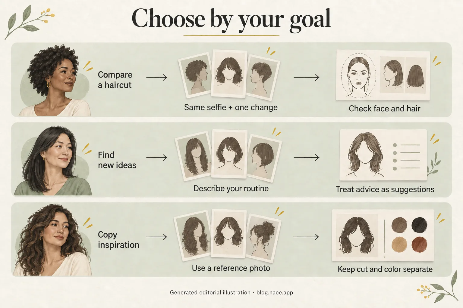 Generated editorial diagram showing separate workflows for comparing a haircut, finding ideas and copying reference-photo inspiration
