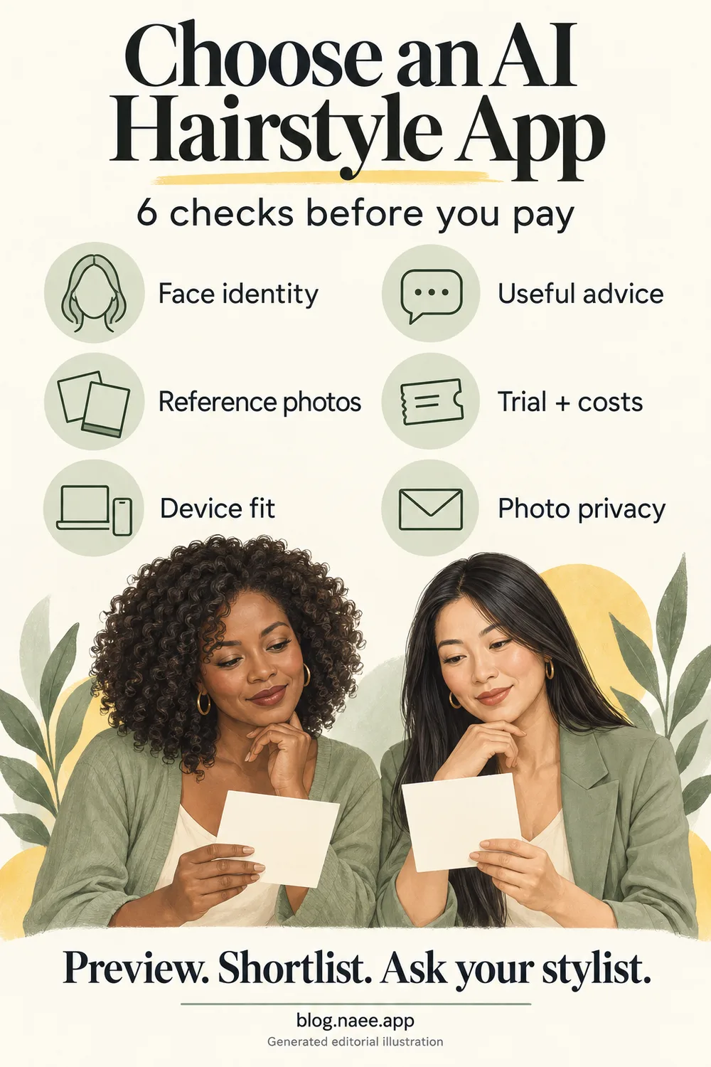 Pinterest-ready generated editorial card listing six checks for choosing an AI hairstyle app before paying