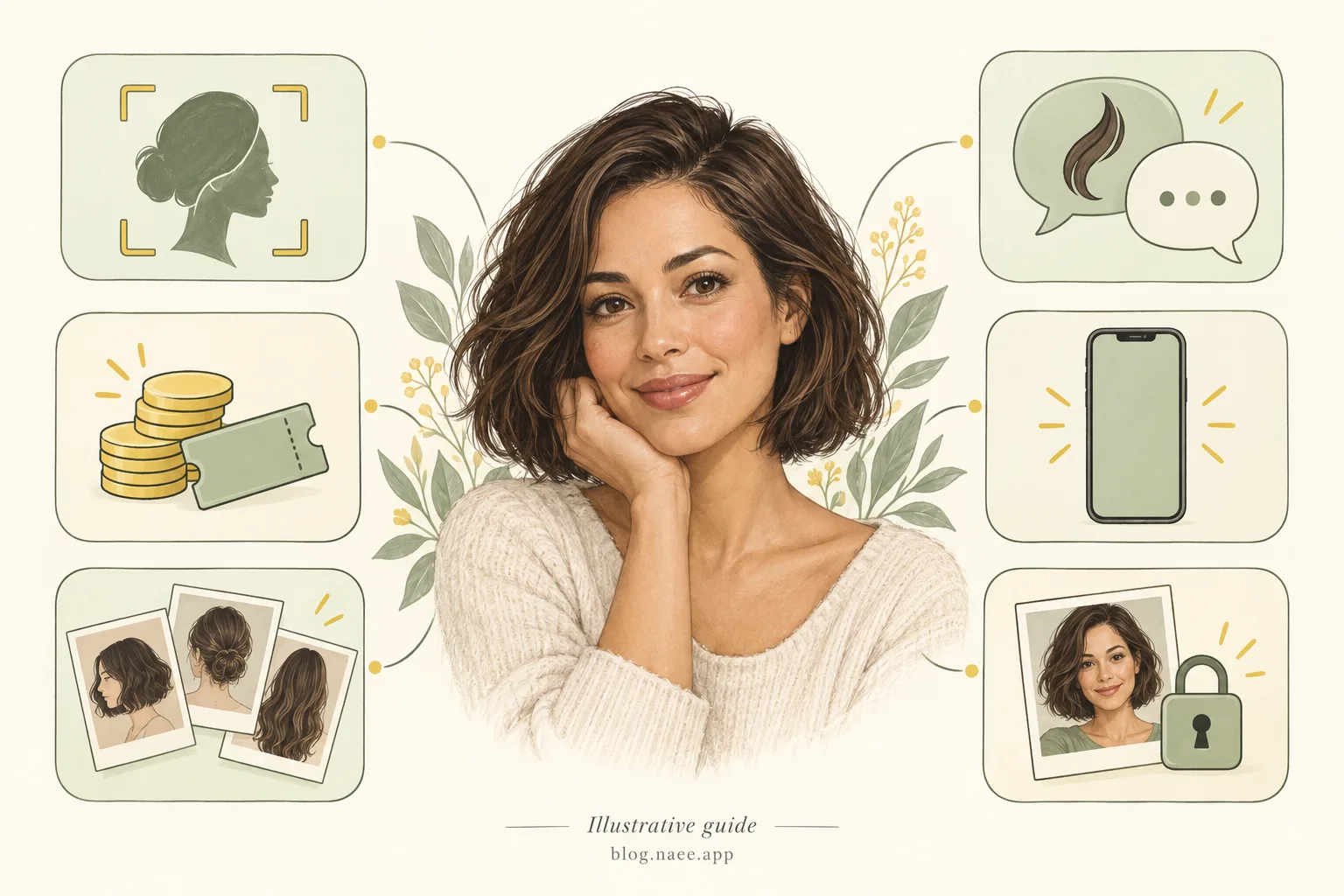 Generated editorial illustration organizing six AI hairstyle app selection checks around a portrait