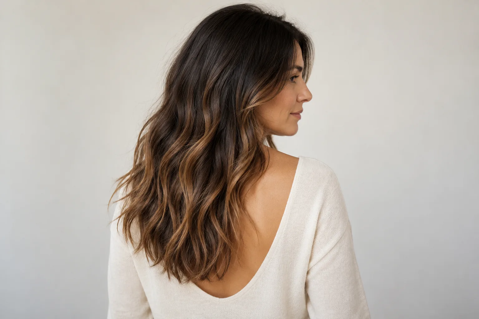 Original adult brunette with subtle warm ribbons through wavy lower lengths and visible ends