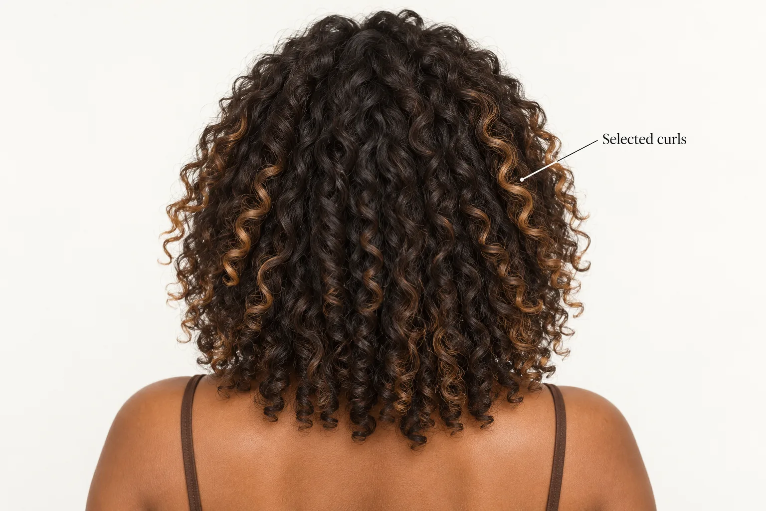 Conceptual shoulder-length curly silhouette with lighter ribbons on selected outer curls and darker depth inside