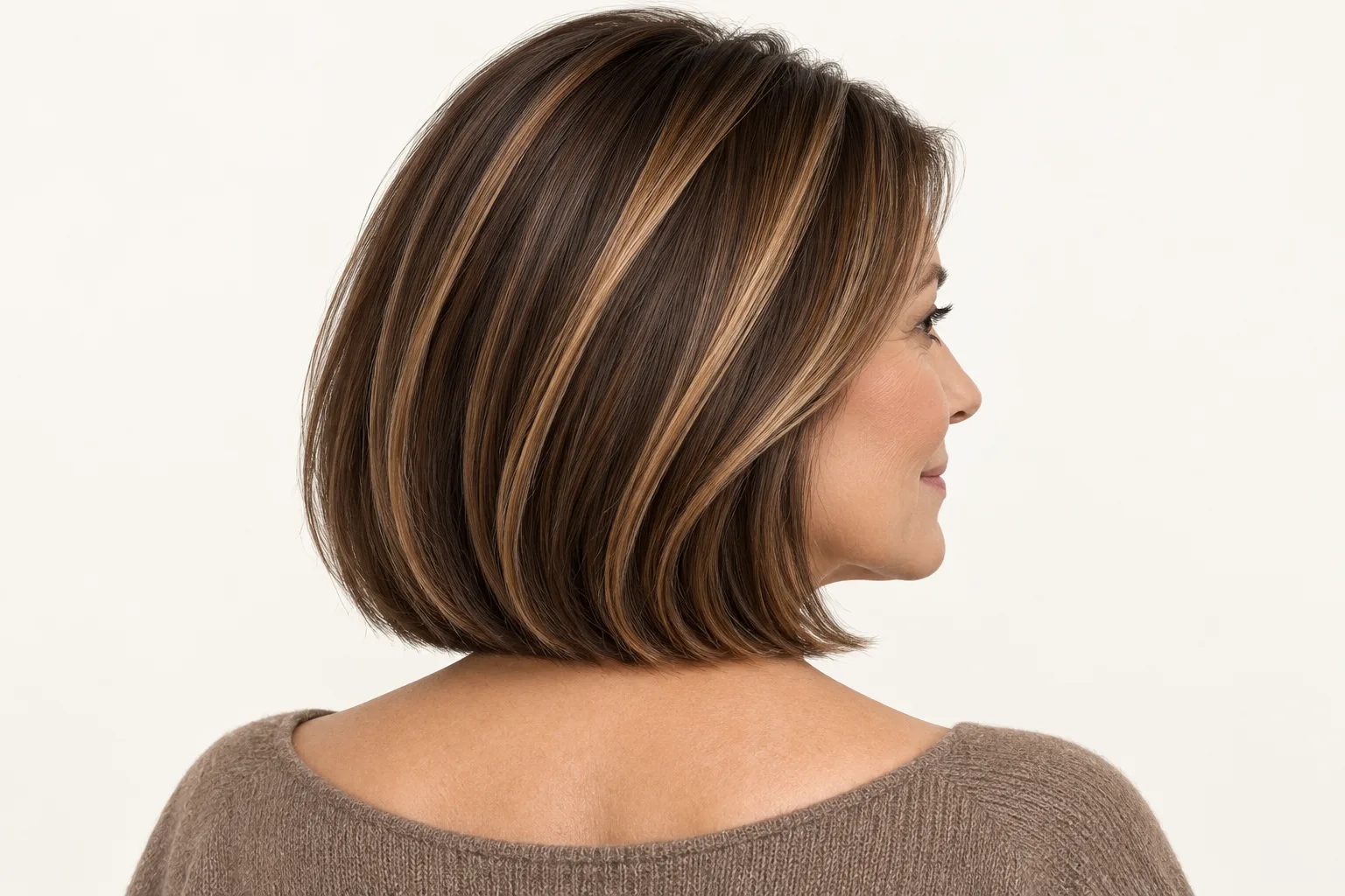 Conceptual illustration of finer high-contrast caramel ribbons extending close to roots on a brunette bob