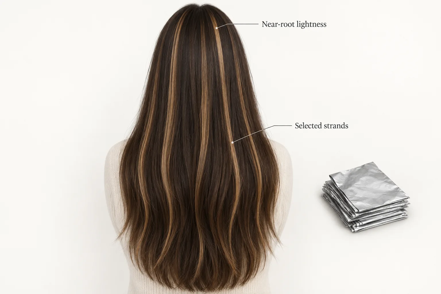 Conceptual conventional foil placement showing selected lighter strands running from near roots toward the ends