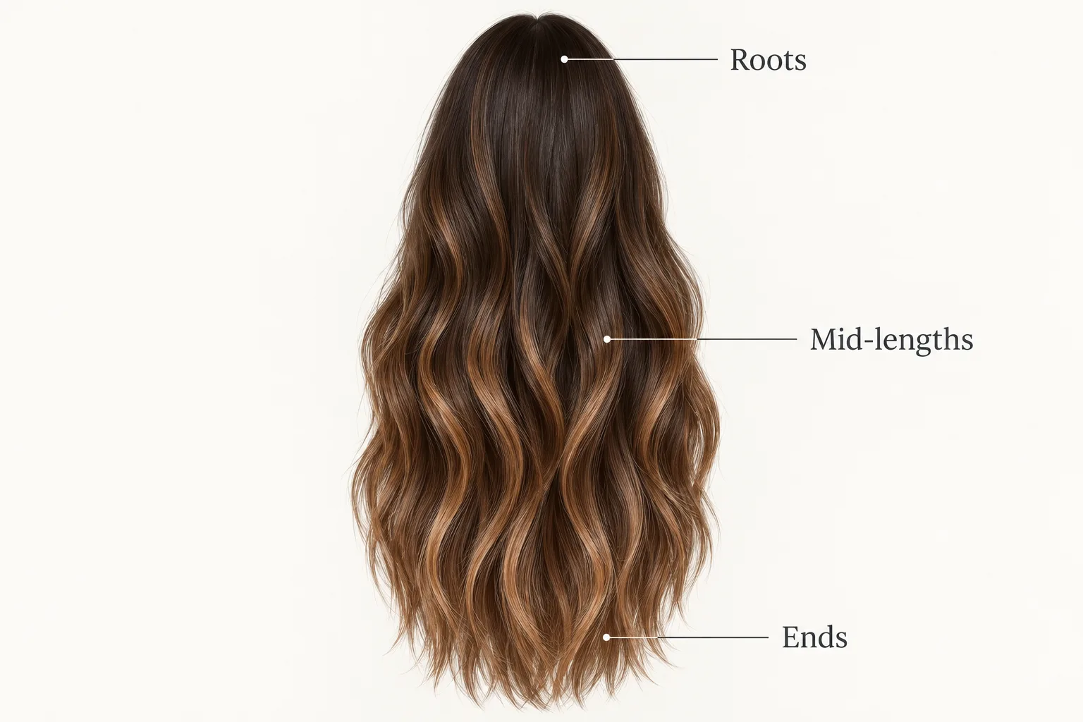 Conceptual freehand placement map with deeper roots and staggered lighter ribbons through mid-lengths and ends