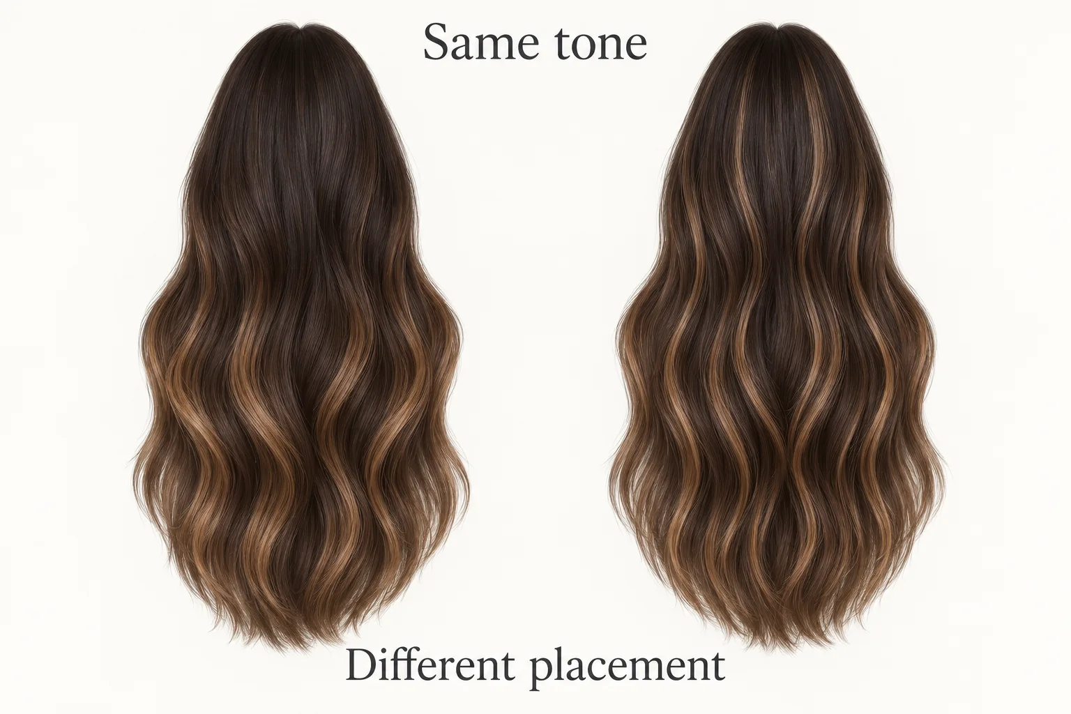 Conceptual matched hair swatches using the same caramel tone but differing placement and retained depth