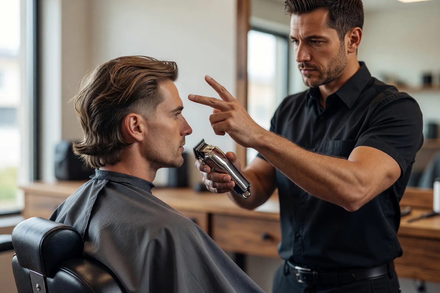 Generated photograph of a barber holding clippers with a guard and pointing near a seated client's temple during a consultation