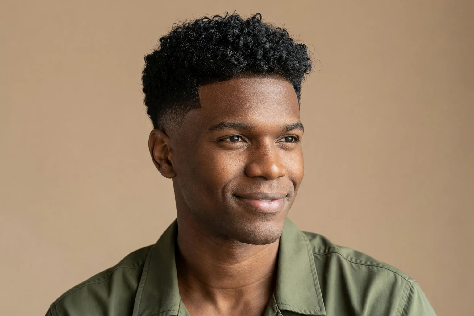 Generated portrait of a Black man in his mid 20s with defined curls on top and a low taper fade with a clean hairline