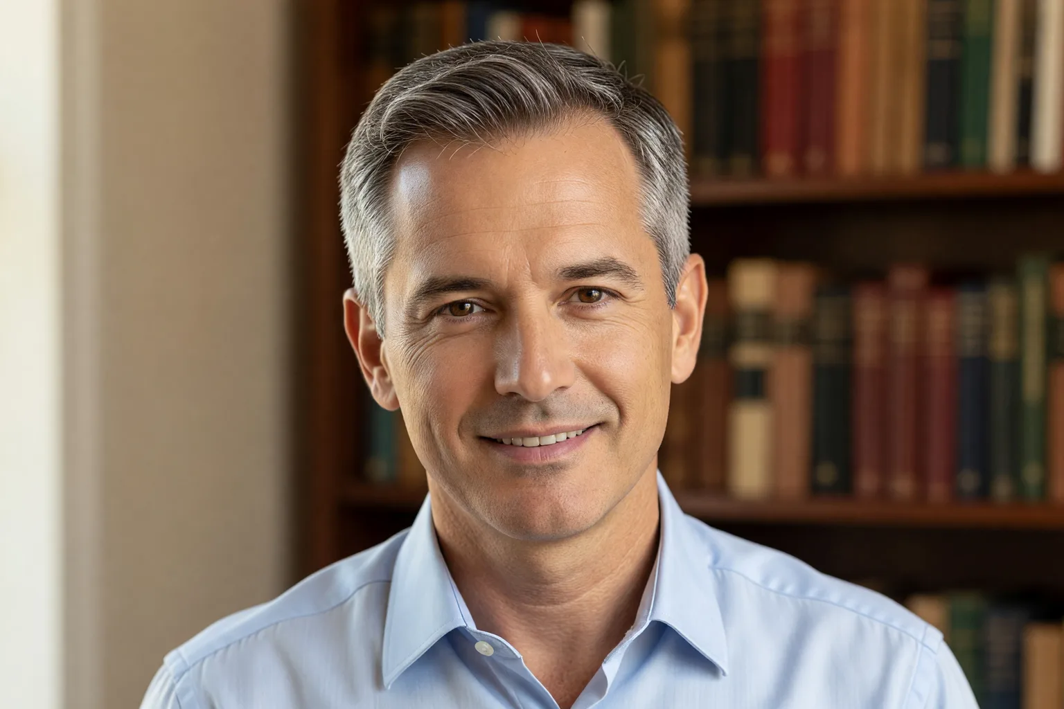 Generated portrait of a man in his late 50s with salt and pepper hair, a receding hairline at the temples and a short side-swept cut with tapered sides