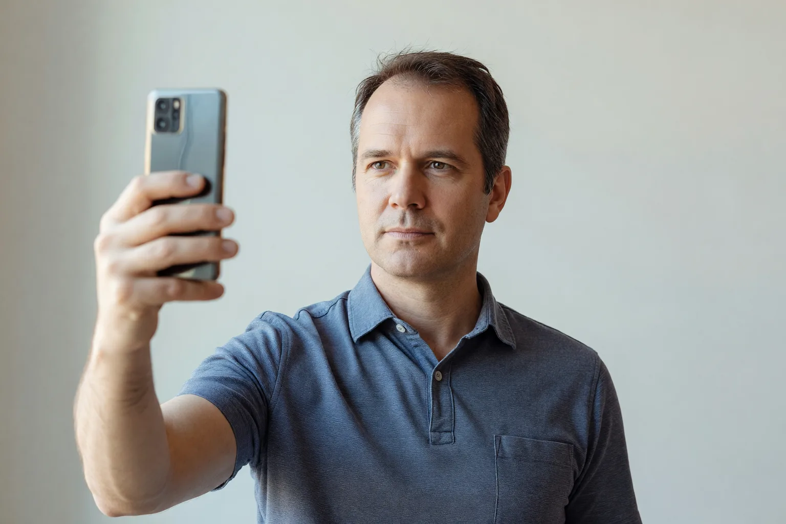 Generated photograph of a man in his mid 40s with a slightly receding hairline taking a selfie at eye level facing a window in even daylight
