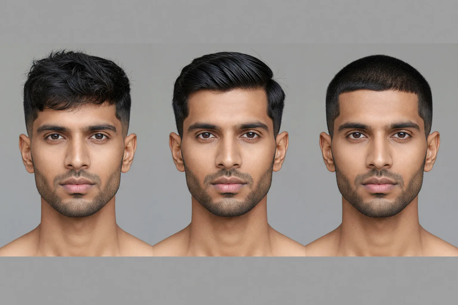 Generated side by side portraits of the same South Asian man in his late 20s with a textured crop and mid fade, a side part with a low taper, and a short buzz cut