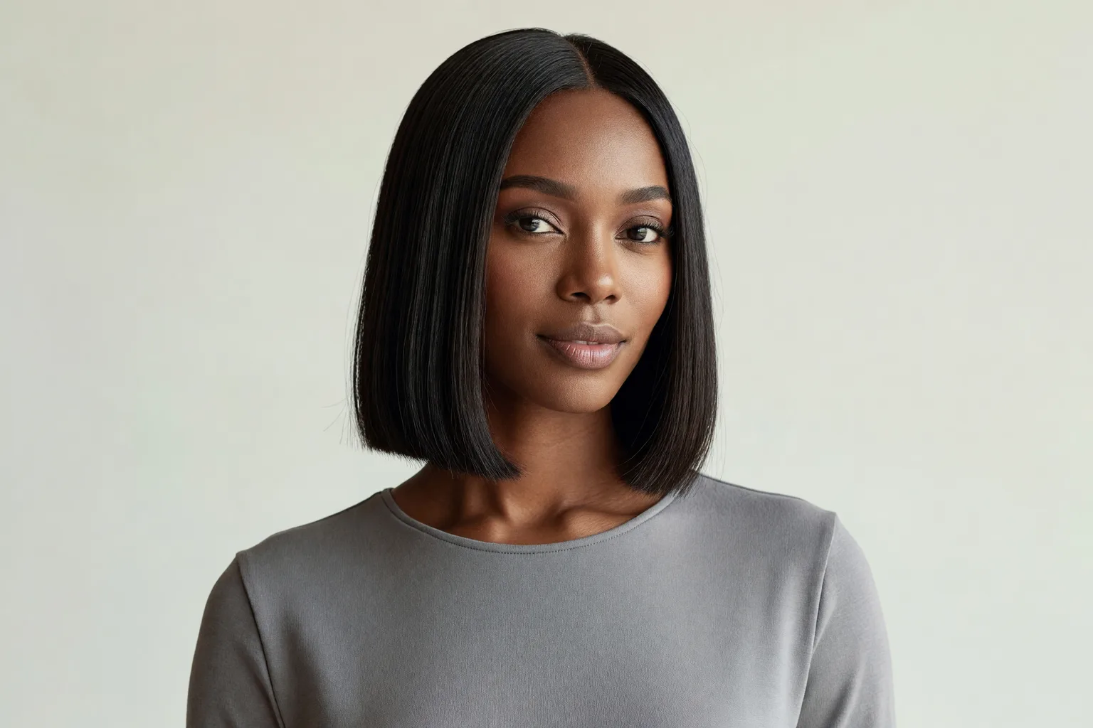 Generated portrait of a woman with a sleek jaw-length bob and a blunt perimeter