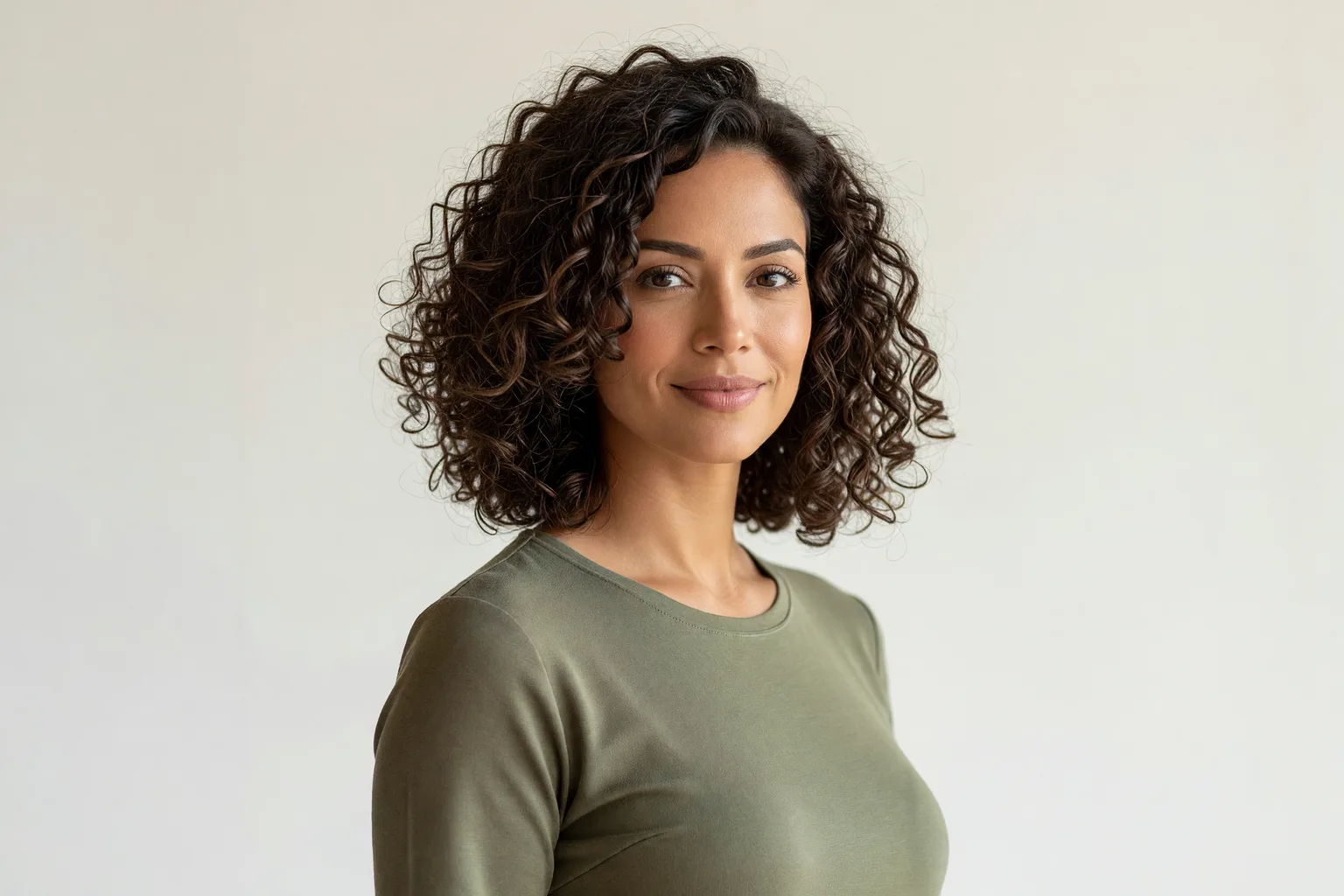 Generated portrait of a woman with defined curls in a shoulder-length curly lob