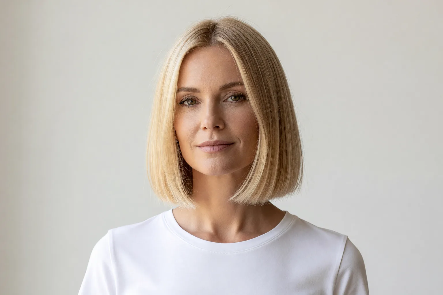 Generated portrait of a woman with fine straight blonde hair in a blunt chin-length bob