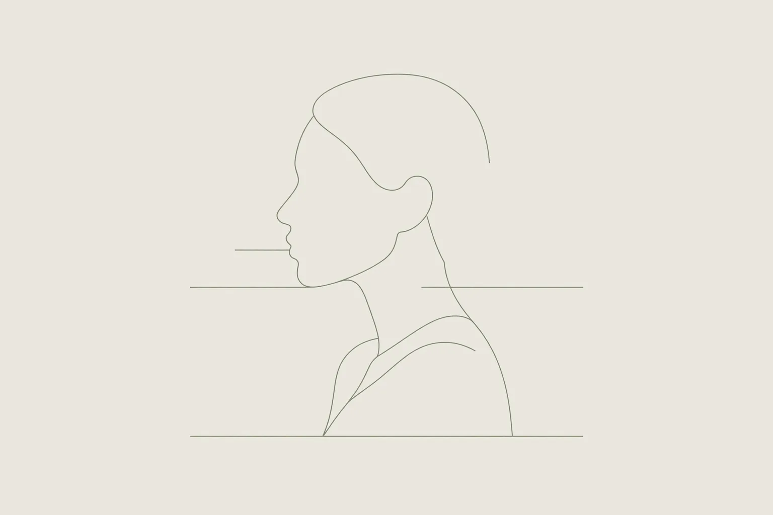 Minimal line illustration of a profile with horizontal lines marking jaw, shoulder and collarbone length points