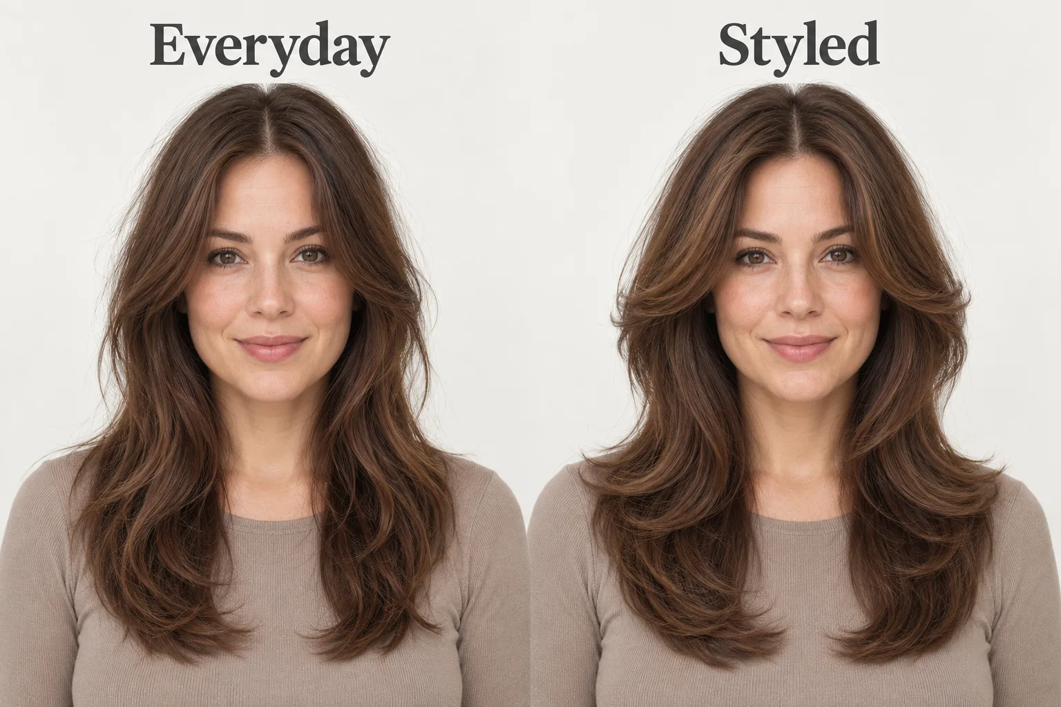 Generated conceptual everyday-versus-styled comparison of the same layered cut