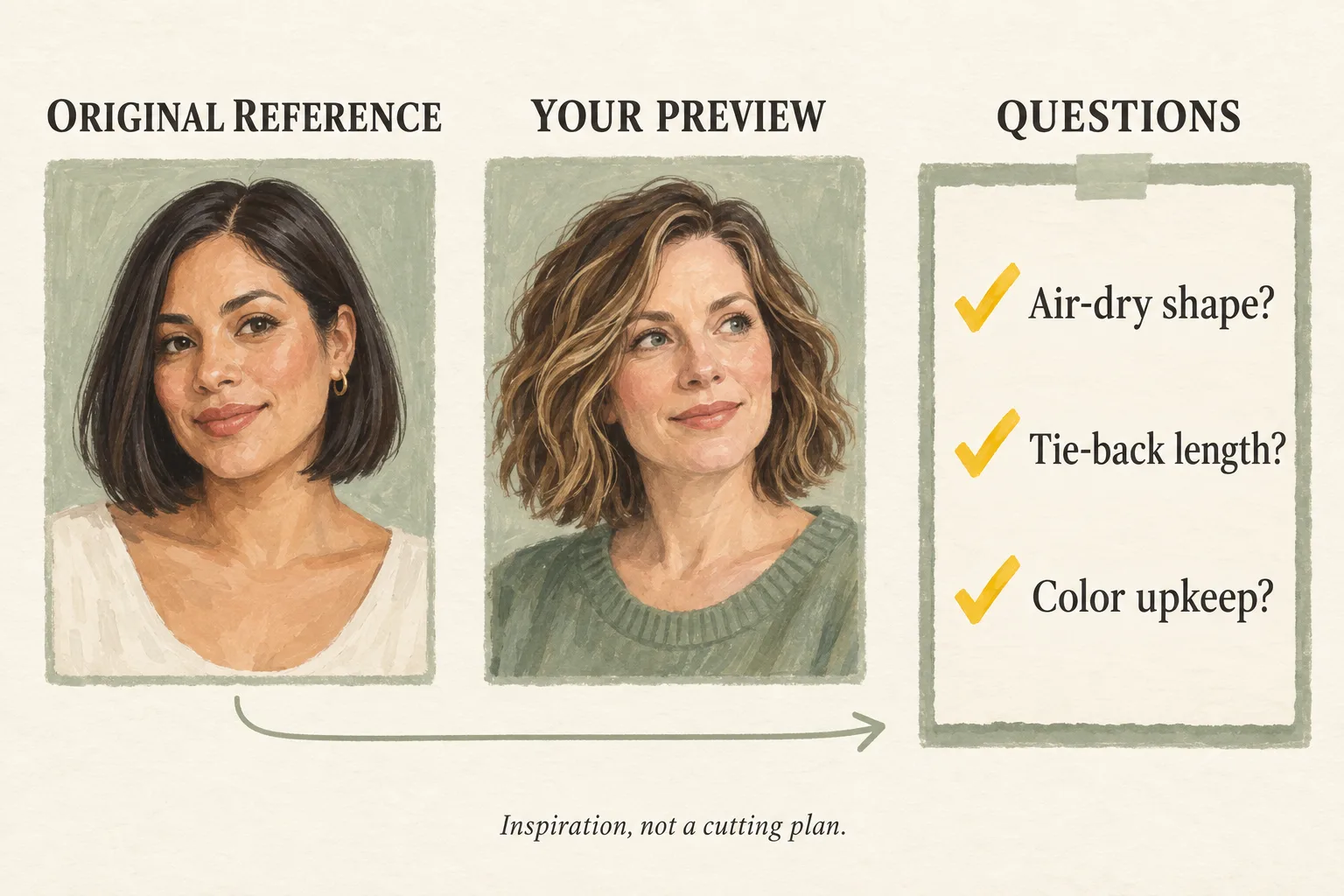 Illustrated salon preparation board showing an original reference, a personal concept preview, and questions about air-drying, tie-back length, and color upkeep