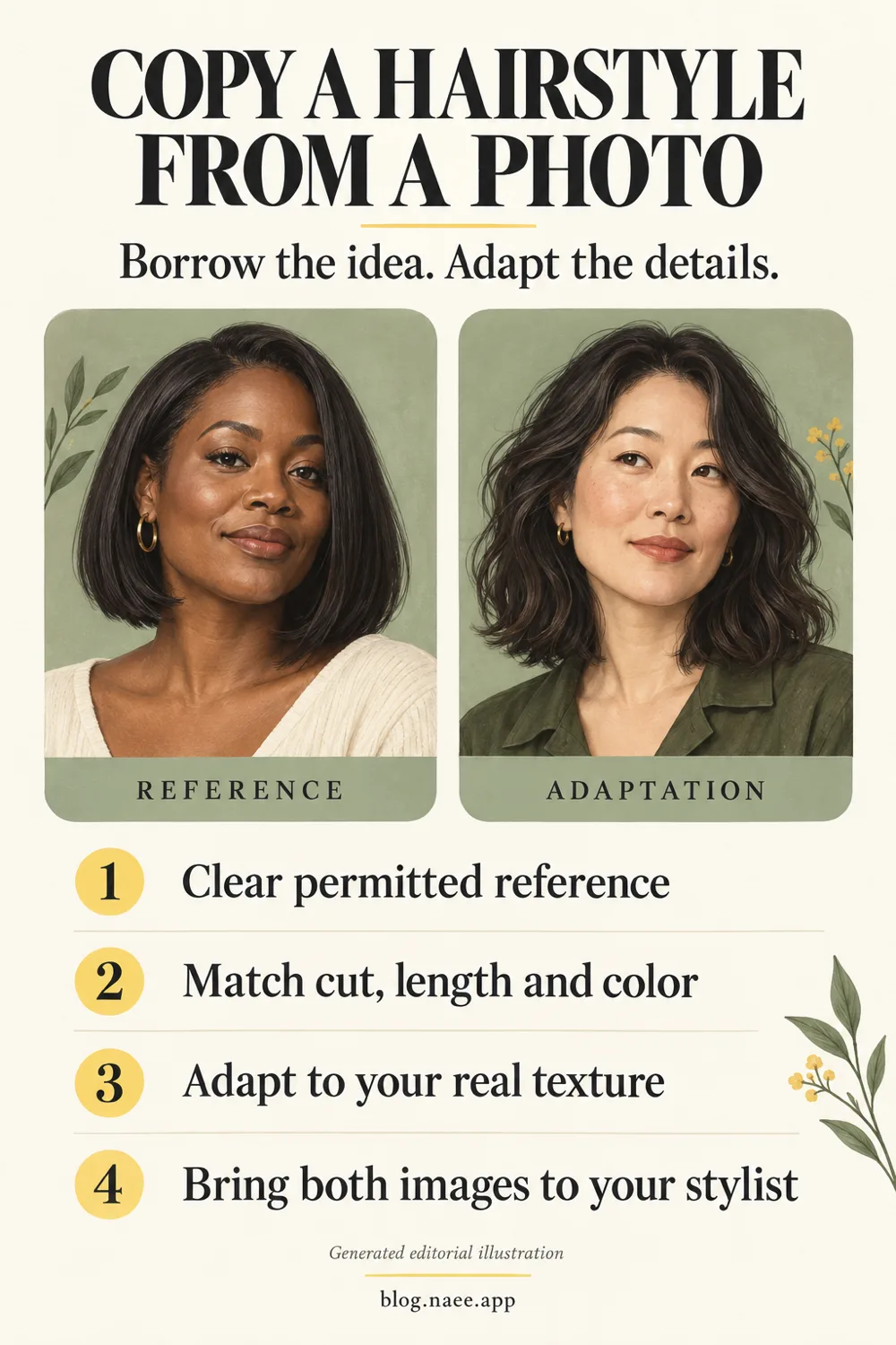 Pinterest checklist explaining how to borrow a hairstyle from a permitted reference photo, adapt the details to real texture, and take both images to a stylist