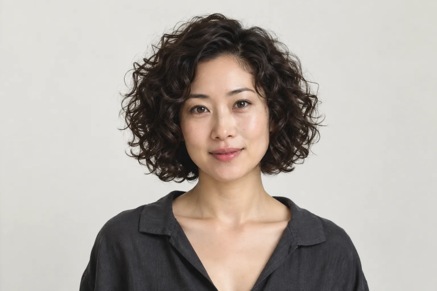 Curly bob ending below the chin and above the shoulders