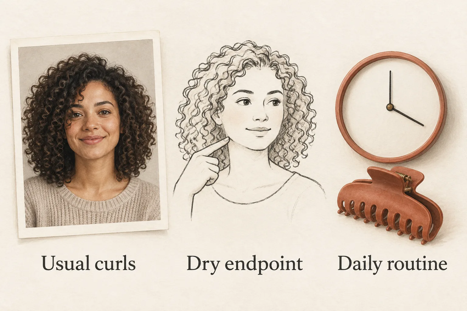 Consultation diagram showing usual curls, desired dry endpoint and daily routine