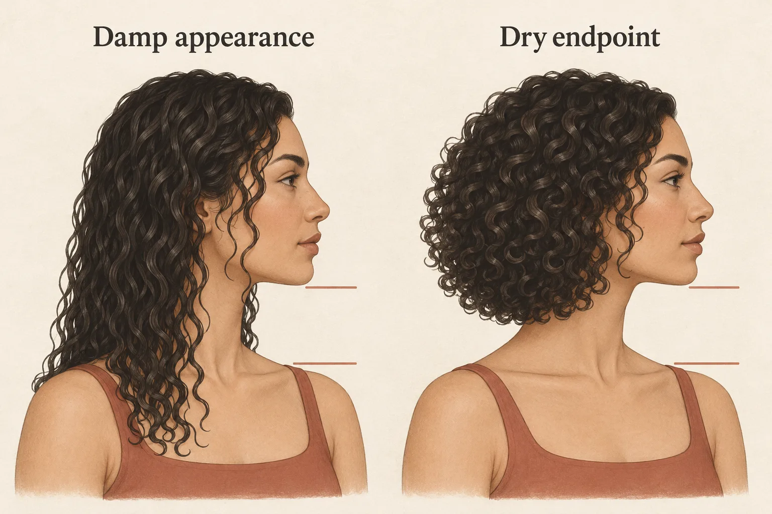Conceptual damp curls hanging lower beside a higher normally dry endpoint, without a shrinkage measurement