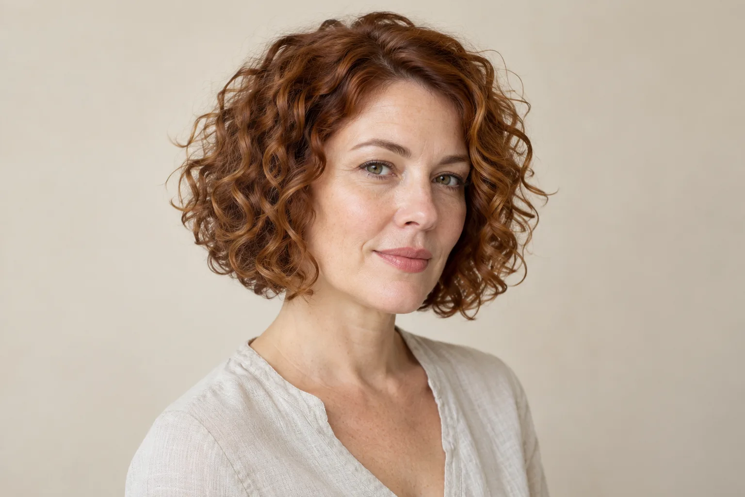 Loose auburn curls forming a rounded chin-length bob