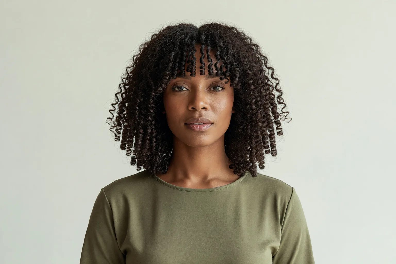 Generated portrait of a woman in her late 30s with shoulder-length natural curls and longer defined curly curtain bangs