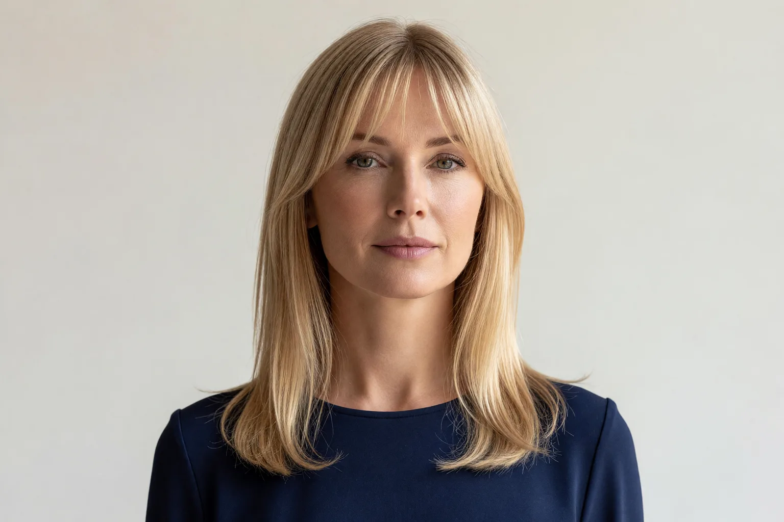 Generated portrait of a woman in her late 40s with fine straight hair and light wispy curtain bangs