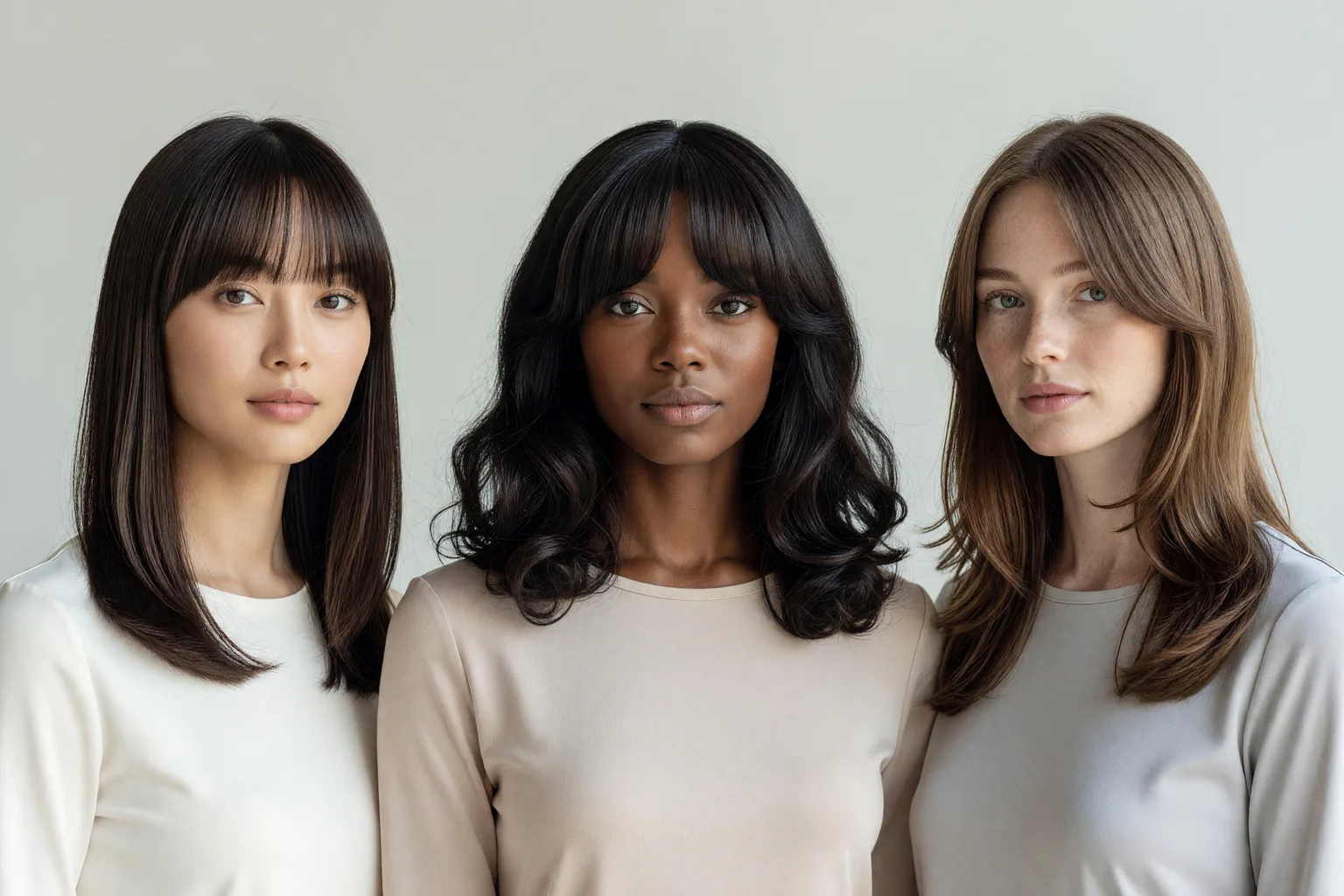 Generated comparison of three women with fringes at brow, cheekbone and chin-length framing