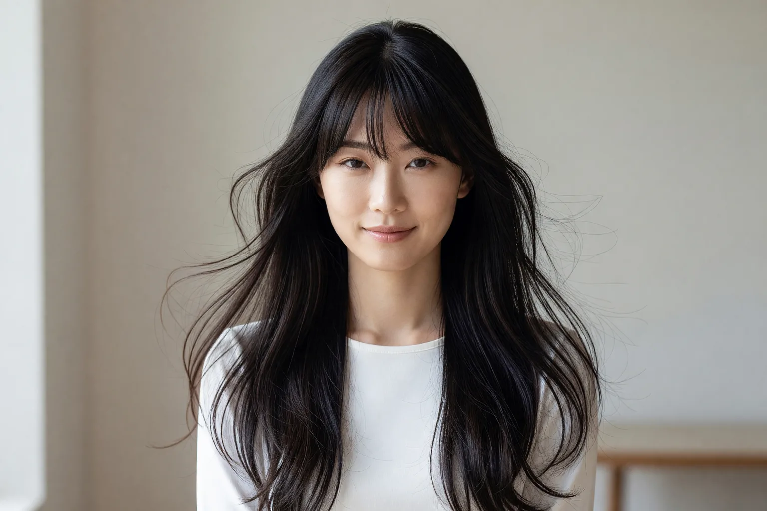 Generated portrait of a woman in her late 20s with thick straight black hair and full curtain bangs swept to each side