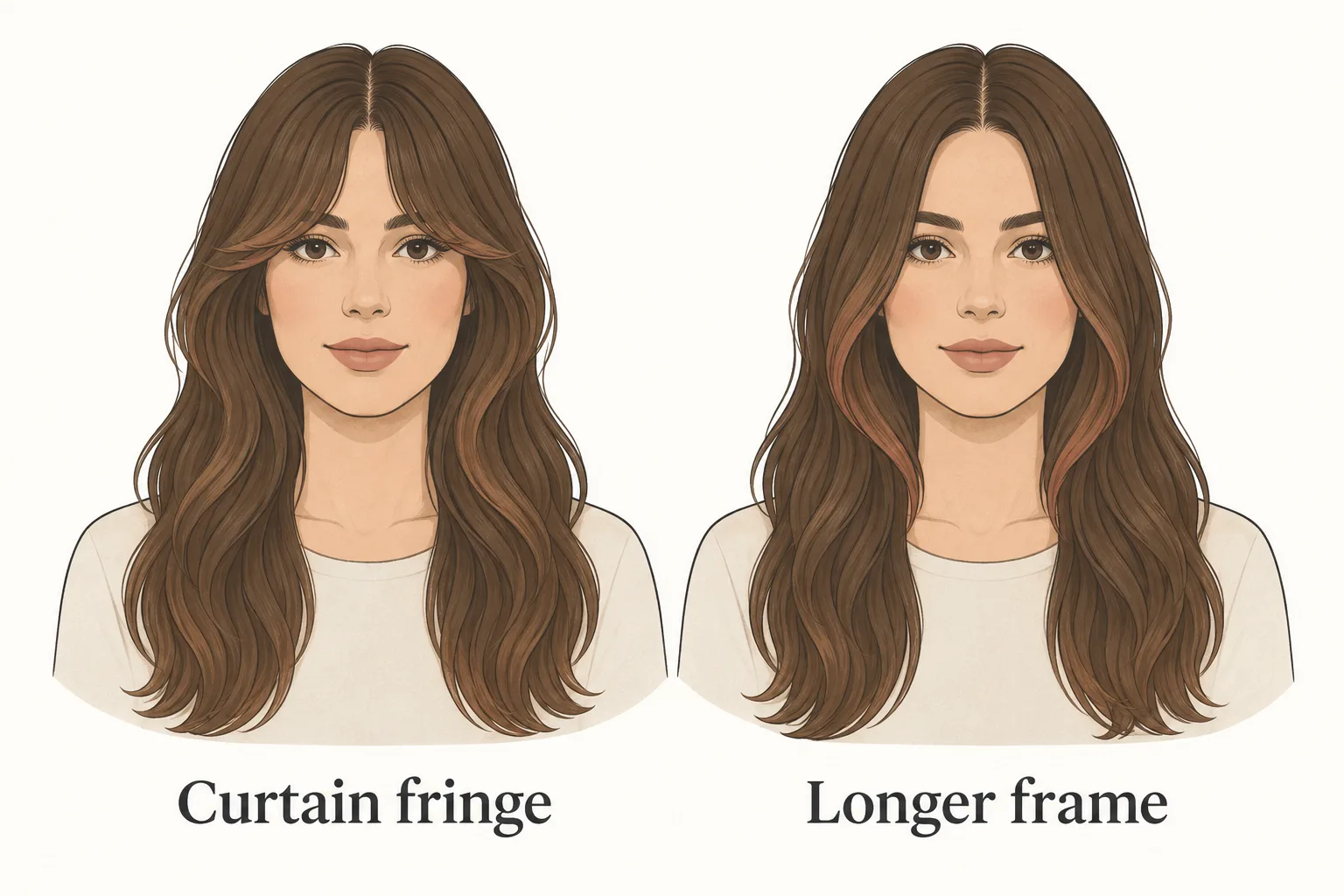 Curtain fringe near the forehead compared with a longer chin-level front frame