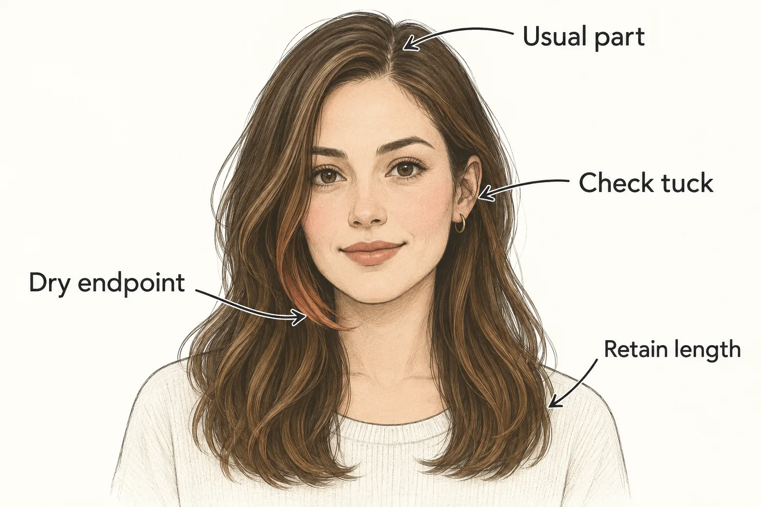 Salon-brief diagram labeling the dry endpoint, usual part, retained length and tuck check