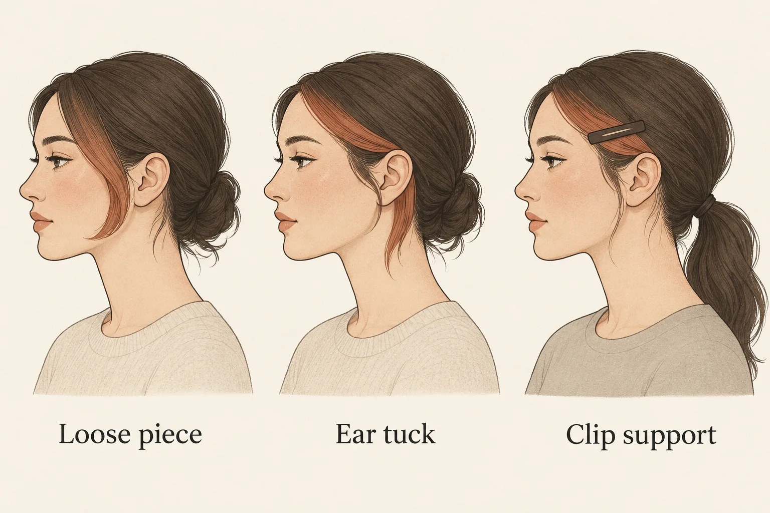 Side-view figure showing loose front pieces, an ear tuck and a clip-supported ponytail