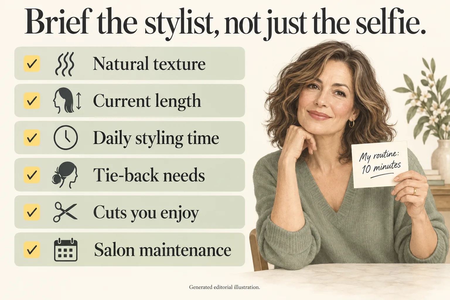 Six input checklist covers natural texture, current length, styling time, tie-back needs, preferred cuts, and salon maintenance
