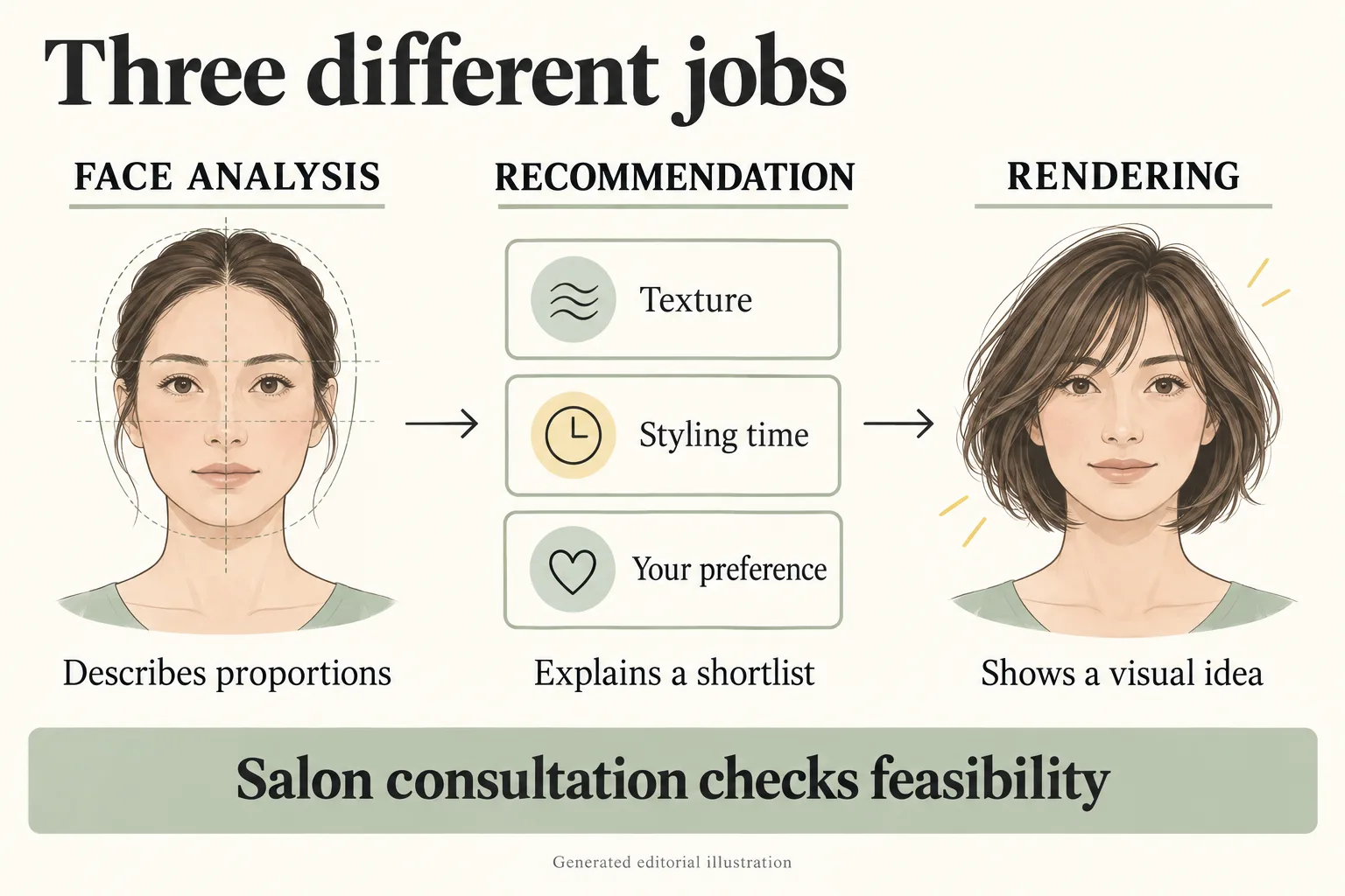 Diagram separates face analysis, recommendation, and rendering, with salon consultation checking feasibility