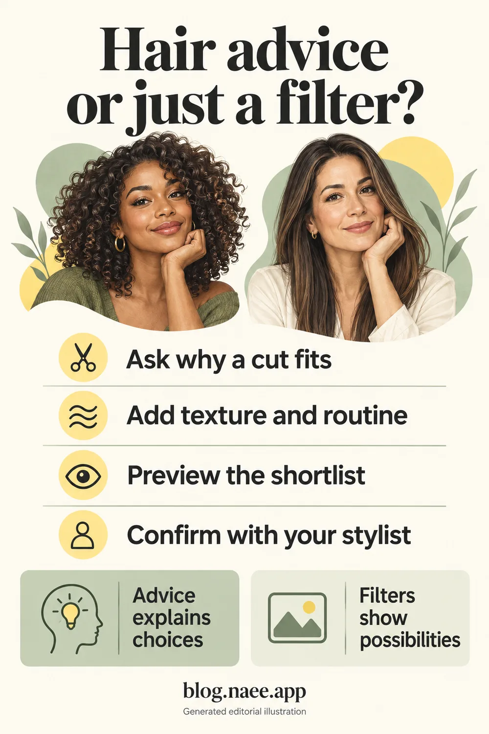 Pinterest guide contrasts explained advice with visual filters and lists asking why, adding texture and routine, previewing a shortlist, and confirming with a stylist