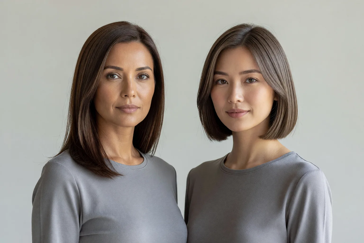 Two women, one with straight chocolate brown hair and one with an ashy mushroom brown lob