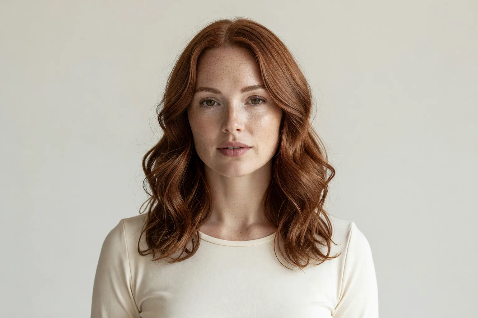 Woman in her thirties with freckles and shoulder-length wavy copper auburn hair