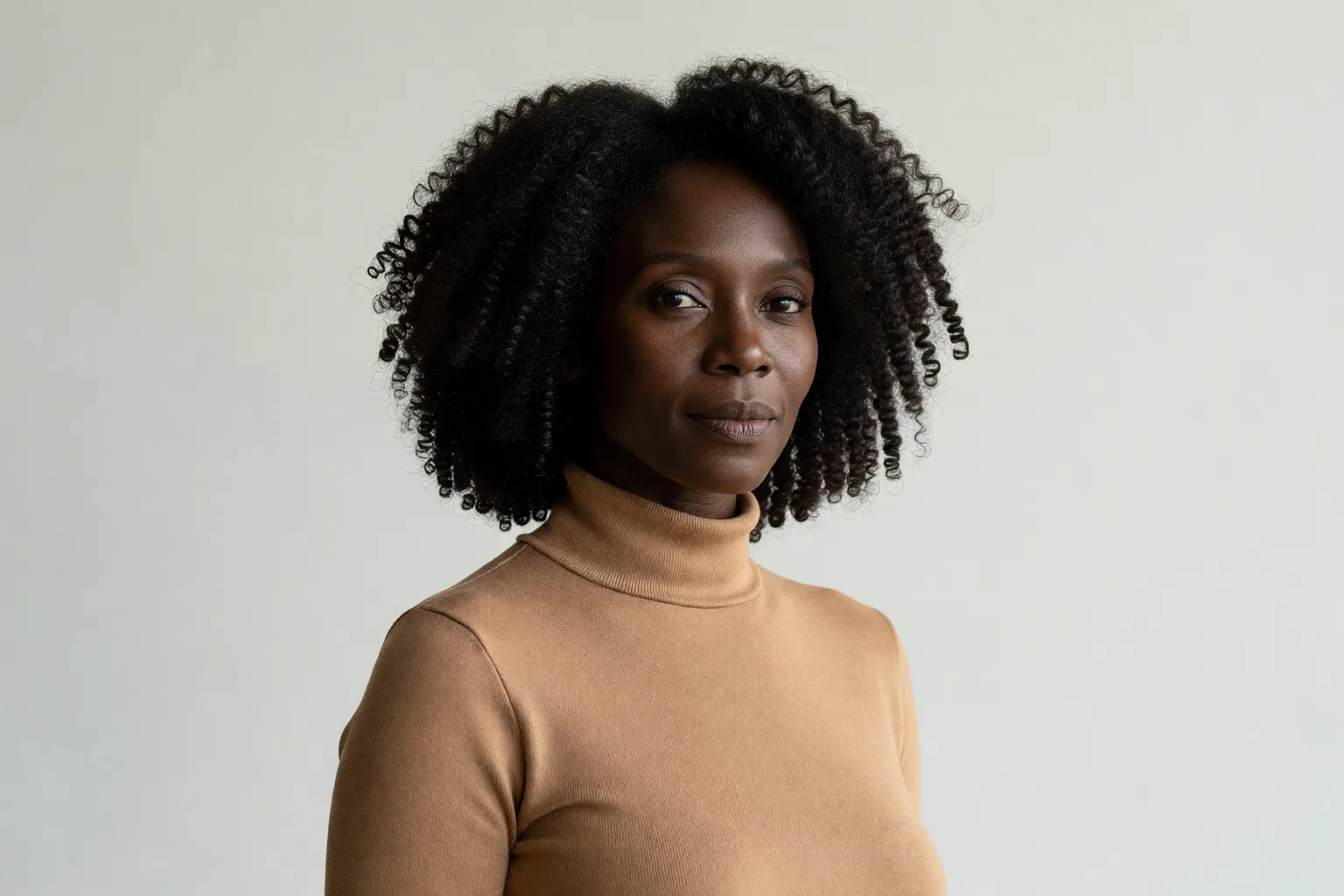Black woman in her forties with dense coily soft black hair wearing a camel turtleneck