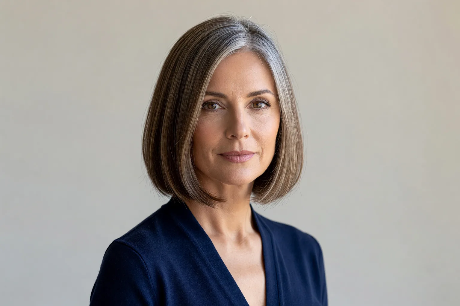Woman in her late fifties with a chin-length bob blending silver roots with ash brown lowlights
