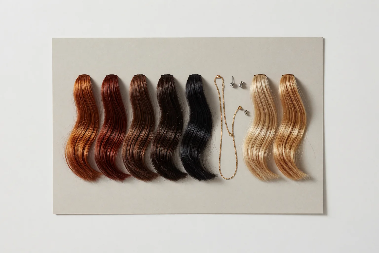 Hair color swatches in copper, auburn, chocolate, espresso, black and honey blonde beside gold and silver jewelry