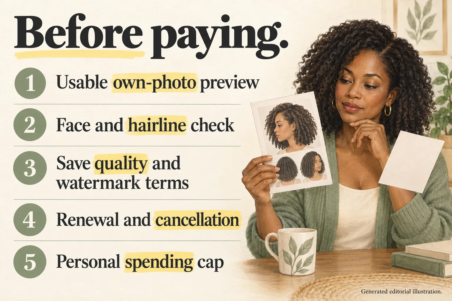 Five-point checklist covering own-photo previews, facial consistency, exports, renewal, and a spending cap